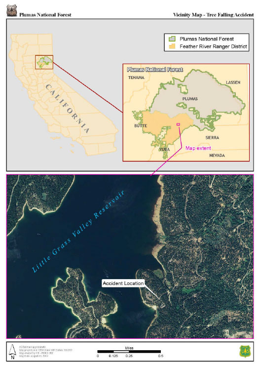 Plumas National Forest, vicinity map - tree felling accident