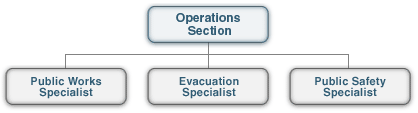 Organizational chart with Public Works, Evacuation, and Public Safety Specialists below the Operations Section.